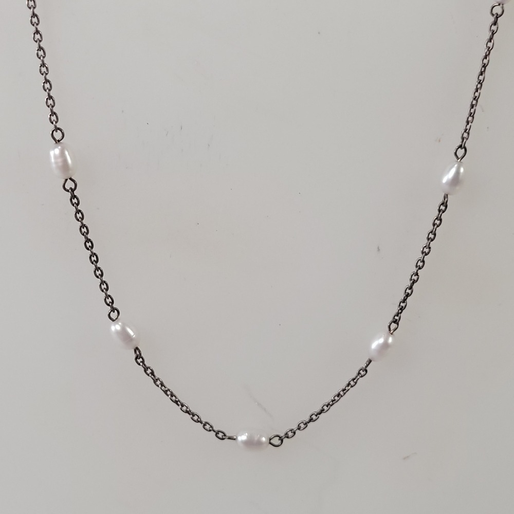 925 Faux Pearl Station Necklace Sterling Silver India Dainty Link Chain 16in